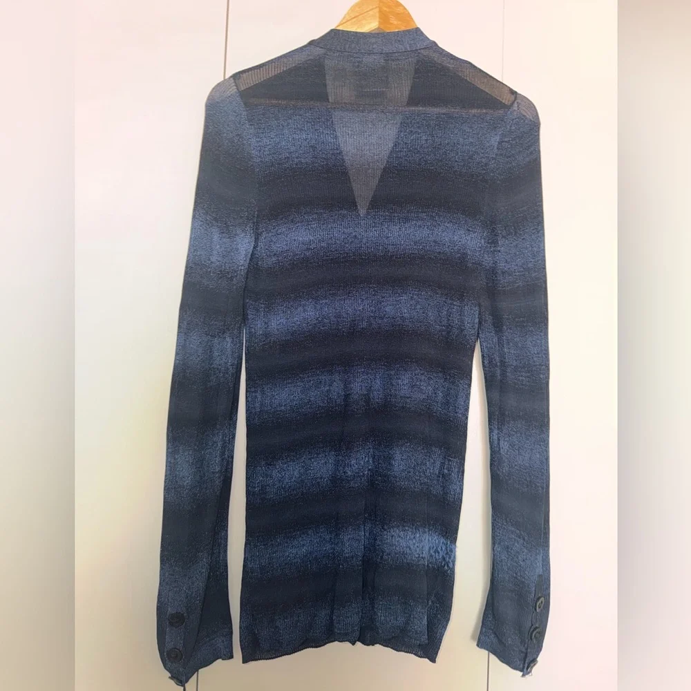 CHANEL womens Navy and Dark metallic Blue Striped V-Neck Cardigan
